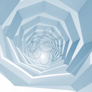 Abstract blue toned square cg background with empty swirl tunnel interior perspective, 3d illustration