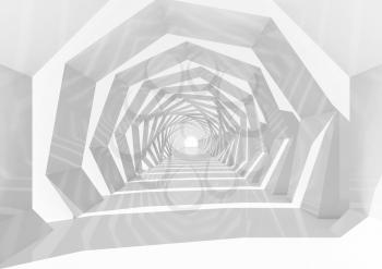 Abstract hypnotic cg background with white swirl tunnel interior perspective, 3d illustration