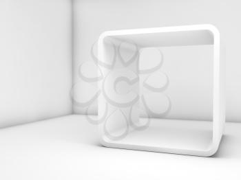Abstract white empty interior, contemporary design. Room with chamfer box frame installation. 3d render illustration
