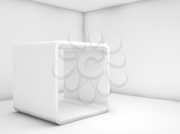 Abstract white empty interior, contemporary design. Room with chamfer box frame installation. 3d illustration