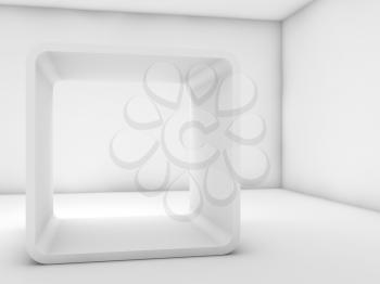 Abstract white empty interior, contemporary design of a room with chamfer box frame installation. 3d render illustration