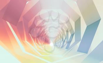 Abstract colorful digital graphic background, empty polygonal tunnel perspective, 3d render illustration