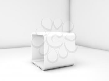 Empty white exhibition stand box in blank room interior, 3d illustration