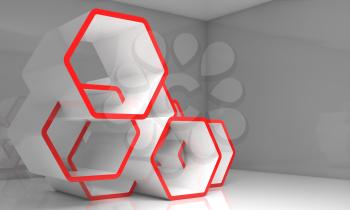 Abstract white honeycombs installation with red sections in empty room. Computer graphic background useful as a wallpaper image. 3d render illustration