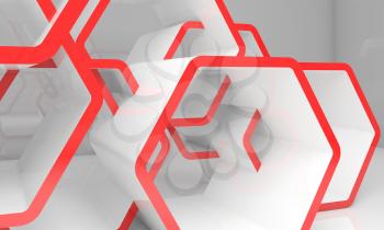 Abstract white honeycombs structure with red sections. Computer graphic background useful as a wallpaper image. 3d illustration