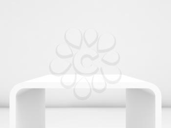 Empty white exhibition stand in blank interior, front view. 3d illustration