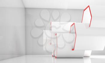 Abstract honeycombs installation with red sections in empty white room. Computer graphic background useful as a wallpaper image. 3d illustration