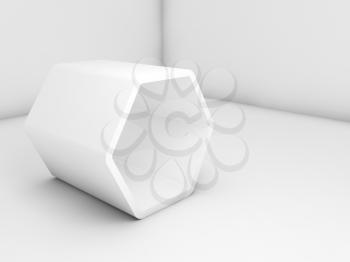 White hexagonal installation in empty interior, 3d render illustration