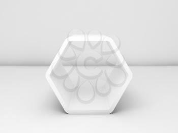 Empty white hexagonal stand in clean room interior, front view. 3d render illustration