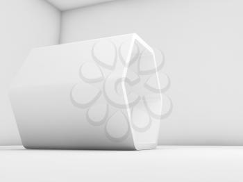 Empty white hexagonal object in clean room interior, 3d render illustration