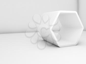 White hexagonal installation in empty room, 3d render illustration