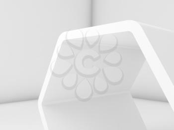 Empty white hexagonal object fragment in clean room interior, 3d render illustration