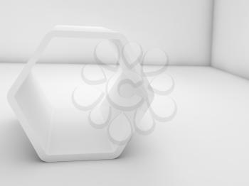 Empty white hexagonal installation in blank room interior, 3d render illustration