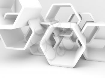 Abstract chaotic white honeycomb installation. Computer graphic background useful as a wallpaper image. 3d render illustration