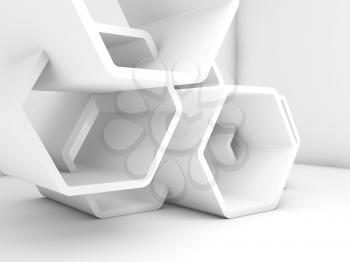 Abstract chaotic white honeycomb installation in empty room interior. Computer graphic background useful as a wallpaper image. 3d render illustration