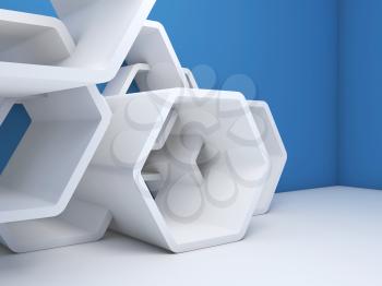 Abstract contemporary interior background with white hexagonal installation near blue wall. 3d render illustration