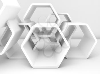 Abstract chaotic white honeycombs. Computer graphic background useful as a wallpaper image. 3d illustration