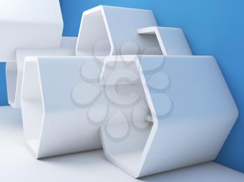Abstract contemporary interior fragment with white hexagonal installation near blue wall. 3d render illustration