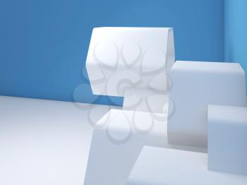 Abstract contemporary interior with white hexagonal installation near blue wall. 3d render illustration