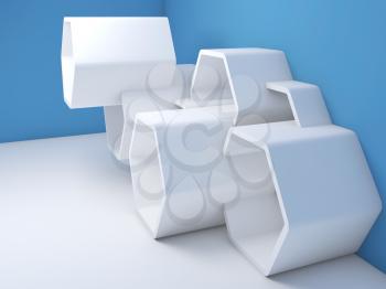 Abstract interior background with white hexagonal installation near blue walls. 3d render illustration