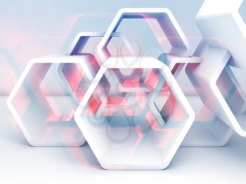 Abstract hexagonal structure with blue and red sections. Computer graphic background useful as a wallpaper image. Double exposure effect, 3d render illustration