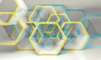 Abstract hexagonal structure with blue and yellow sections. Computer graphic background useful as a wallpaper image. Double exposure effect, 3d render illustration