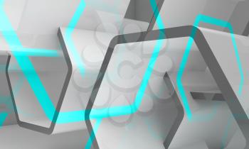 Abstract hexagonal structure with blue sections. Computer graphic background useful as a wallpaper image. Double exposure effect, 3d render illustration
