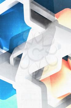Abstract structures with blue and yellow spots. Vertical computer graphic background useful as a wallpaper image. Double exposure effect, 3d render illustration