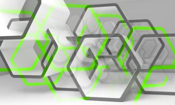Abstract hexagonal structures with green sections. Computer graphic background useful as a wallpaper image. Double exposure effect, 3d render illustration