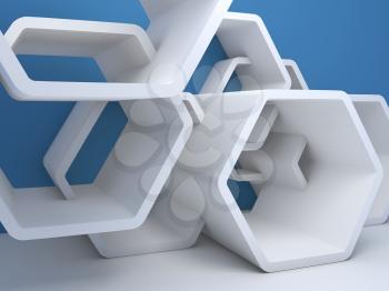 Abstract interior fragment with white hexagonal installation near blue wall. 3d illustration