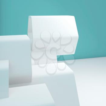 Abstract square interior background with white hexagonal installation near blue wall. 3d render illustration