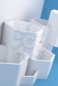 Abstract contemporary vertical background with white hexagonal installation near blue wall. 3d render illustration
