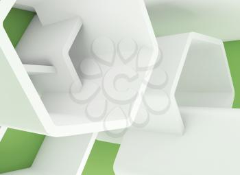 Abstract chaotic white honeycombs structure over green wall. Computer graphic background useful as a wallpaper image. 3d render