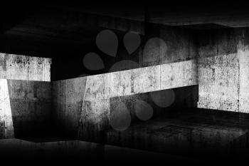 Abstract dark concrete interior background, intersected walls and girders, illustration with double exposure effect, 3d render 