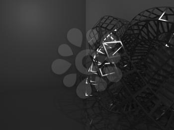 Abstract black digital graphic background, physical wire-frame structure in dark room. 3d illustration