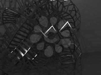 Abstract black digital graphic background, physical wire-frame structure in dark room. 3d render illustration