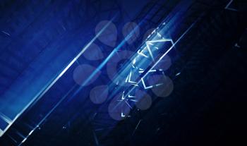 Abstract blue digital graphic background, intersected physical wire-frame structures in dark. 3d render illustration