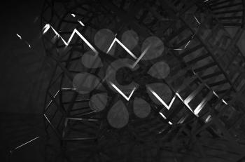 Abstract black digital graphic background, intersected physical wire-frame structures in dark. 3d render illustration