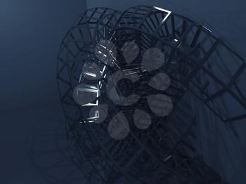 Abstract dark blue digital background, bent wire-frame structure in dark room. 3d render illustration