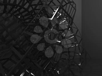 Abstract black digital background, bent wire-frame structure in the dark. 3d render