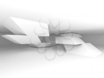 Abstract white empty interior background, polygonal shaped columns and soft shadows, 3d render illustration