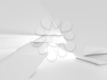 Abstract white empty interior background, polygonal shaped columns and soft shadows from bright wall windows, 3d illustration