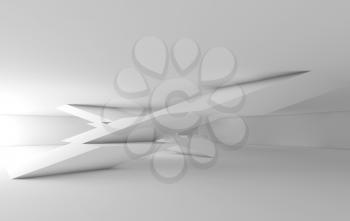 Abstract white empty interior, cg background, polygonal shaped installations, 3d render illustration