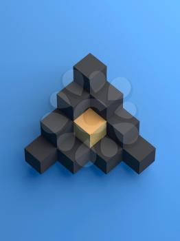 Abstract pyramid of black cubes and yellow one in the middle over blue background, 3d render illustration