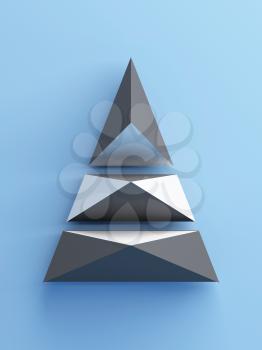 Abstract triangulated geometric object over blue background, vertical 3d render illustration