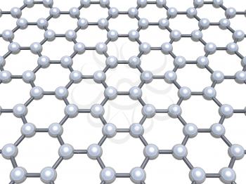 Graphene layer molecular model, hexagonal molecular lattice isolated on white background, 3d illustration