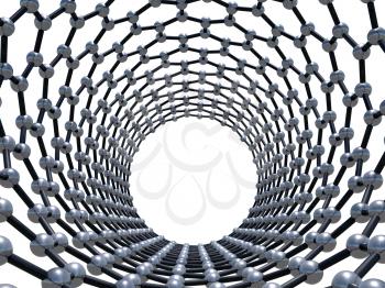 Single-walled zigzag carbon nanotube molecular structure, front view perspective isolated on white background. Atoms connected in wrapped hexagonal lattice. 3d illustration