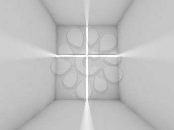 Abstract empty white interior with lighting cross on the front wall, Christianity conceptual background
