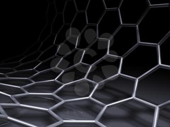 Bent hexagon mesh structure on black background. 3d illustration