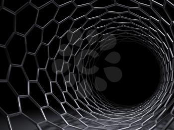 Abstract technology background, tunnel of hexagonal mesh over black. 3d illustration